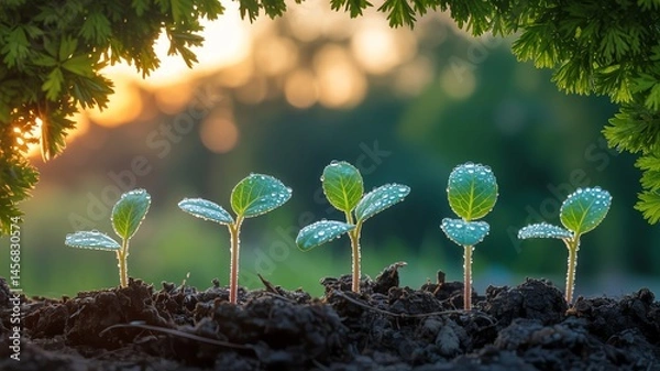 Fototapeta Young Seedlings Emerging from Dark Soil at Sunrise Tiny sprout dewdrops morning, framed by lush green foliage, with a serene bokeh background.