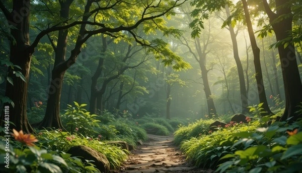 Fototapeta Lush, sunlit forest path winding through vibrant vegetation.