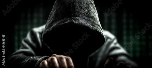 Fototapeta Hooded hacker criminal on dark. Cyber internet security protection concept. Generative AI technology.	
