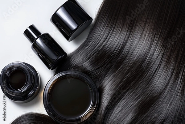 Obraz bottle of hair product is placed on a table next to another bottle of hair product. Both bottles are black in color