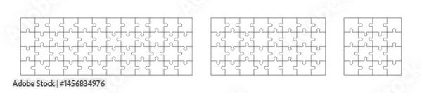 Obraz Set of blank jigsaw puzzle templates in various sizes, black outlines on white background, isolated vector layout for design or customization.