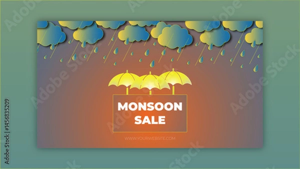 Fototapeta Monsoon Sale Promotion with Umbrellas and Rain, template Design with clouds and umbrella on blue background 