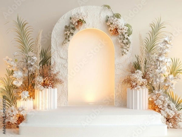 Fototapeta Elegant, light-filled archway display with decorative plants.