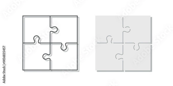 Obraz Four connected puzzle pieces, one outlined and one filled version, minimalistic style, isolated on white background, vector illustration.
