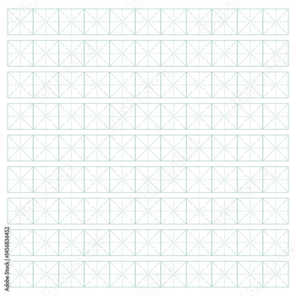 Fototapeta Workbook for writing hieroglyphs. Lined paper for printing. Geometric pattern for school. Realistic lined paper. Simulator for writing Chinese characters. Page of calligraphy exercises. Graph paper.