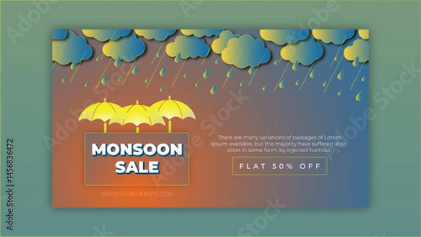 Fototapeta Monsoon Sale Get Flat 50 Off Promotion Monsoon Sale Banner template Design with clouds and umbrella