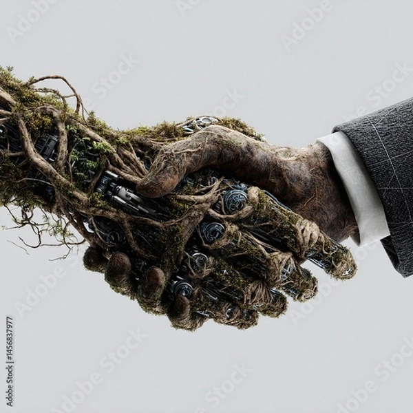 Obraz A robotic hand intertwined with nature shakes hands with a human hand in a symbolic gesture of unity