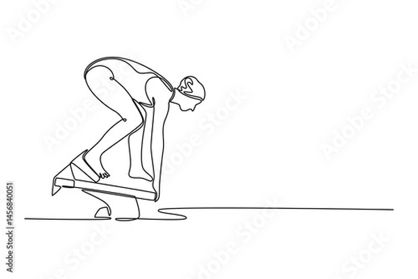 Obraz Single one line drawing female swimmer getting ready to jump in swimming pool at starting block. Focused and ready for competitive competition. continuous line draw design graphic vector illustration