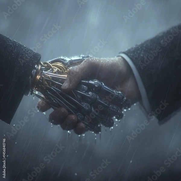Obraz A futuristic handshake between a human and a robotic hand in a rainy, atmospheric setting