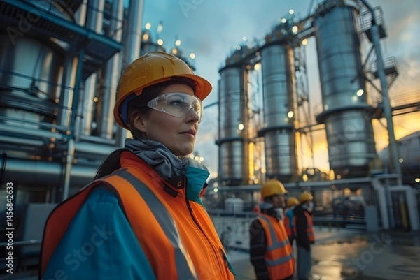 Fototapeta A group of workers, wearing safety helmets and reflective vests, focuses on the processing site of an industrial plant. The sunset creates a dramatic backdrop behind the large silos