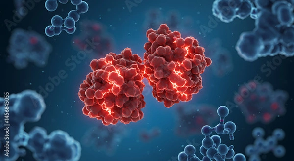 Obraz Glowing Red Enzymes in Soft Blue Molecular Environment: A 3D Microscopic Visualization