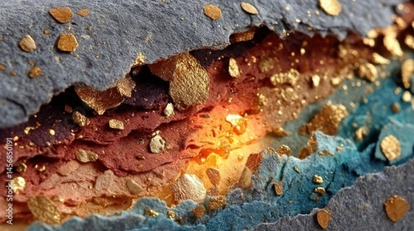 Fototapeta close up view recycled paper background with inclusions golden particles