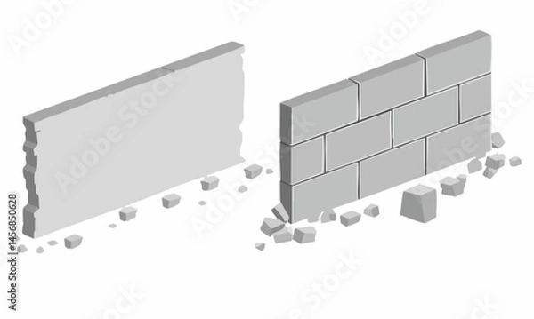 Obraz Isometric Damaged Concrete and Brick Walls. Vector Image