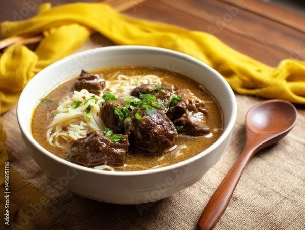 Fototapeta indonesian bakso beef or pork meatball soup with noodles served in a white bowl and garnished with scallions