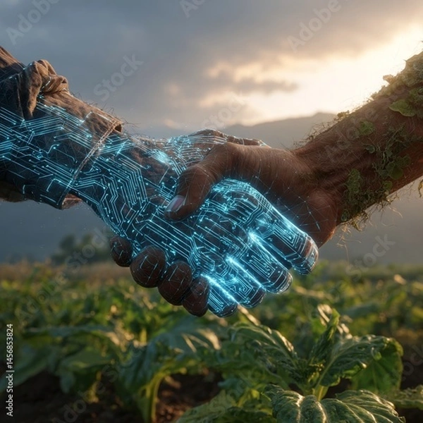 Obraz Futuristic handshake between a robotic arm and a human hand in a lush green field at sunset