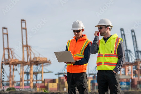 Obraz Industrial engineer workers operations marine port cranes loading and unloading of cargo ships global trade and supply chain import export environment monitoring responsible global economy.