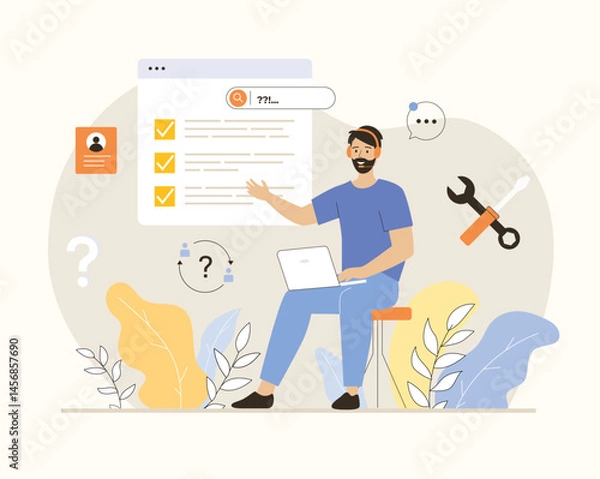 Fototapeta Technical support, call center, online consultation. A specialist provides virtual assistance. Flat vector illustration.	
