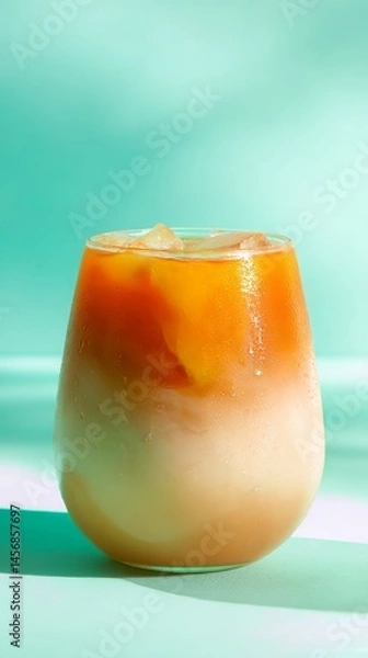 Fototapeta Tropical iced coconut pineapple cold brew in a rounded glass with layered gradient and condensation on pastel turquoise background Generative AI
