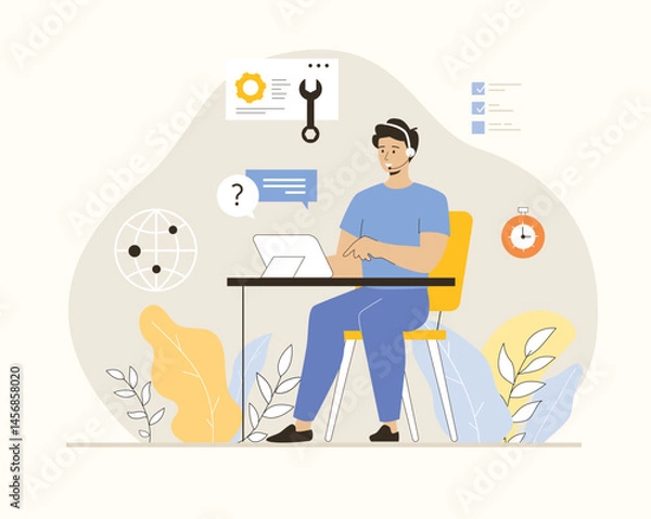 Fototapeta Call center, technical support. Customer service. Hotline operator man consult customer with headsets on tablet. Flat vector illustration.	
