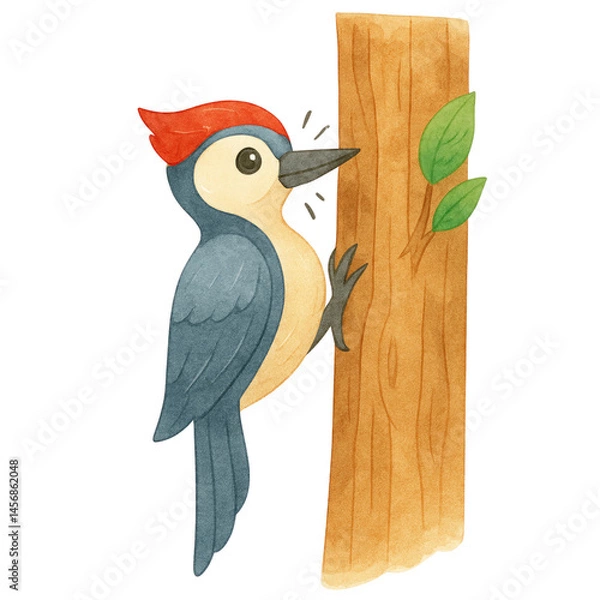 Fototapeta Woodpecker tapping tree with red crest