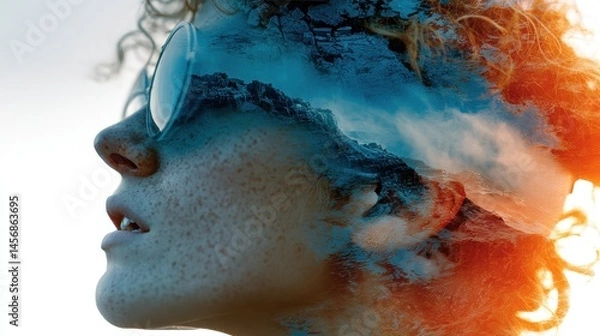 Fototapeta double exposure of female face abstract woman portrait digital art girl in glasses of virtual reality augmented reality dream future technology game concept vr