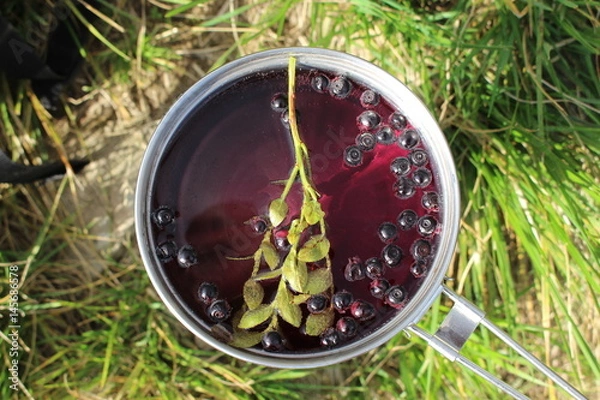 Obraz Blueberry tea boiled on a gas cooker from pure water in nature