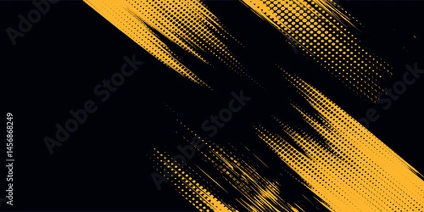 Obraz Halftone yellow dots pattern and black gradient grunge texture background. Dotted line comic sport style vector illustration.