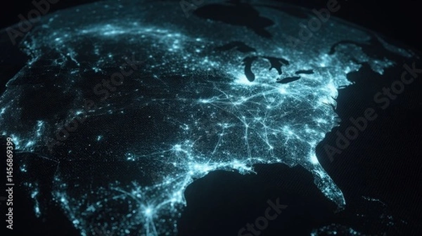 Fototapeta Glowing blue data threads crossing the USA map in neural network patterns, faintly lighting up against a dark satellite view backdrop.