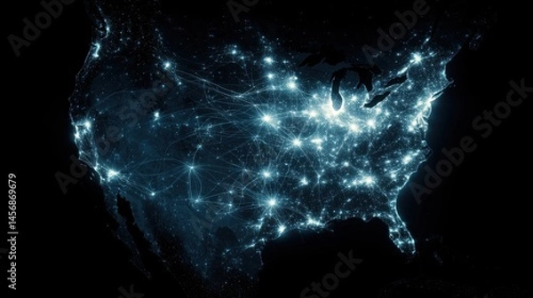 Fototapeta Glowing blue data threads crossing the USA map in neural network patterns, faintly lighting up against a dark satellite view backdrop.
