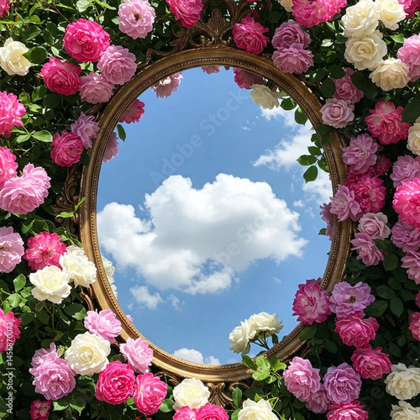 Fototapeta reflection of the sky in a mirror surrounded by roses
