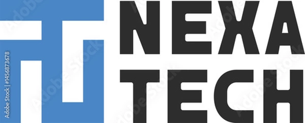 Fototapeta The NEXA TECH logo features a bold, modern design combining a geometric blue icon on the left with strong black typography on the right. The icon cleverly merges the letters "N" and "T" into a unified