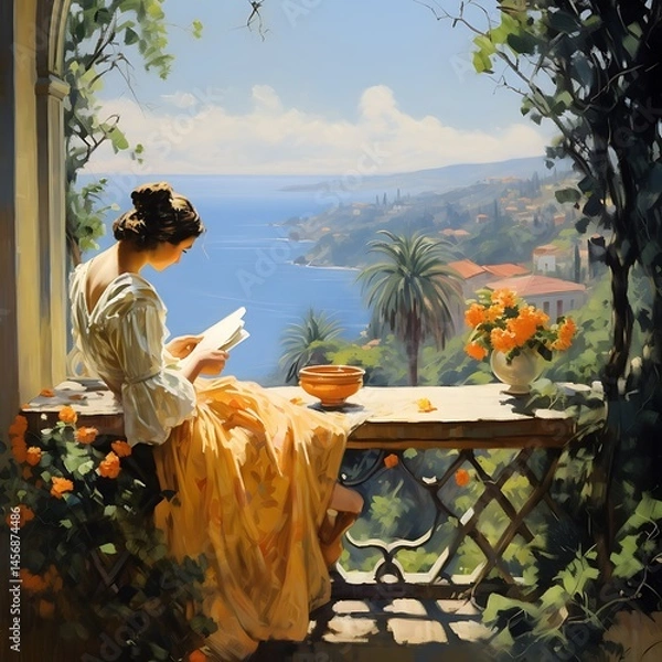 Fototapeta Lady Reading a Book on a Balcony Overlooking the Ocean and Coastal Town