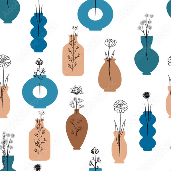 Fototapeta Wild flowers in vases, bottles seamless pattern. Silhouette modern forms. Minimalistic bouquet in Ceramic on white background for printing on wallpaper, wrapping paper, fabric.