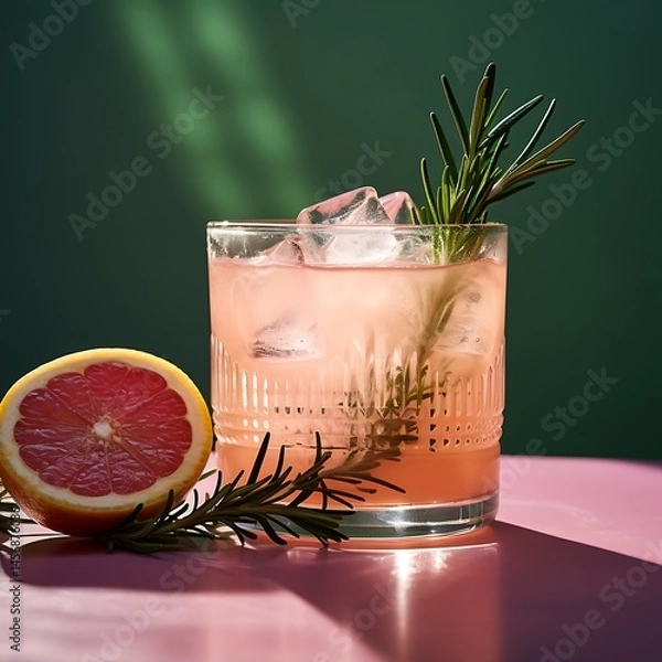 Fototapeta Refreshing grapefruit cocktail with ice and rosemary in an elegantly textured glass