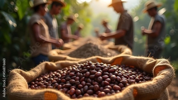 Fototapeta Coffee Bean Harvest: Farmers Sort and Select Beans in a Burlap Sack on a Traditional Farm