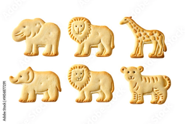 Obraz Animal Crackers Set Isolated on Black Background, Edible Cookies Shaped as Elephant, Lion, Giraffe, and Tiger.