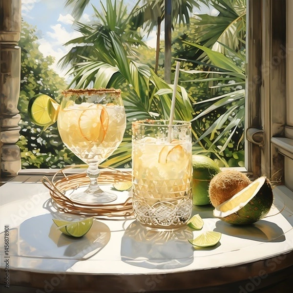 Fototapeta Tropical Cocktails on a Sunlit Table with Lush Palm Background Artwork
