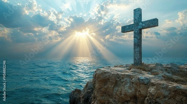 Obraz Misty landscape with cross