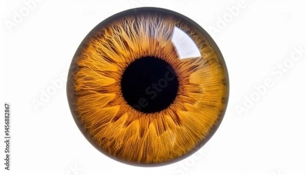 Fototapeta Extreme close-up of a hazel brown human eye showing detailed iris texture on a white background