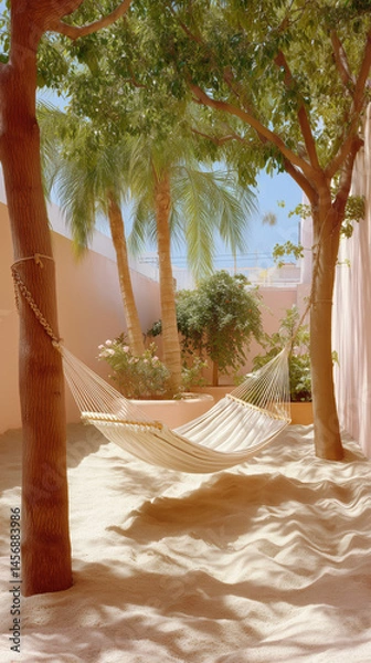 Fototapeta Hammock resting between palm trees in a sandy garden under a clear blue sky during midday