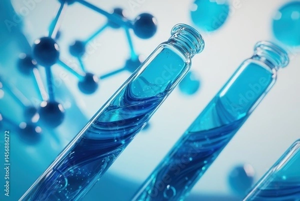 Fototapeta Close-up of three test tubes filled with a swirling blue liquid,  surrounded by  3D molecular structures.  Scientific research concept
