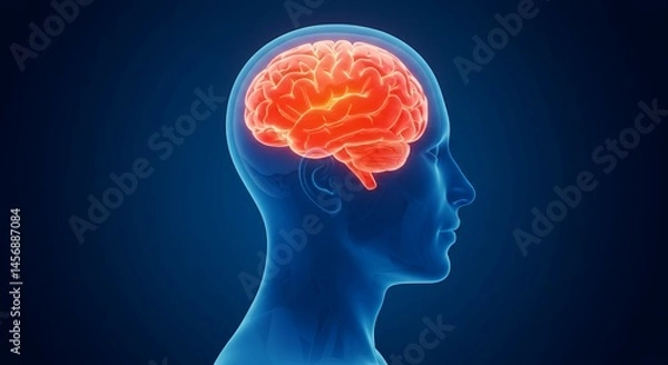 Fototapeta Stylized Translucent Blue Human Head Profile Displaying Vivid Orange Red Brain and Bright Yellow Aura