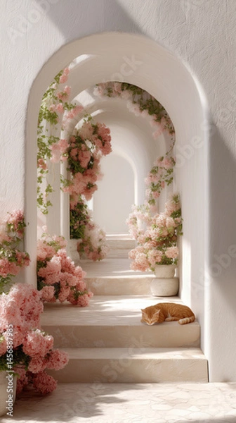 Fototapeta Serene garden hallway adorned with blooming flowers and a resting cat in a tranquil setting