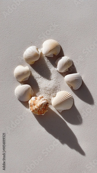 Fototapeta Seashore details with white shells and sand arranged in a circular pattern during daylight