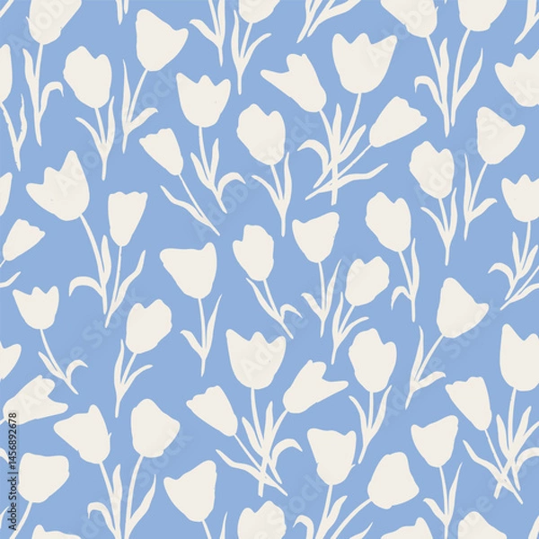 Fototapeta Dense ditsy Floral Seamless Vector Pattern White Tulip Shapes On Pastel Blue Backdrop, fabric print