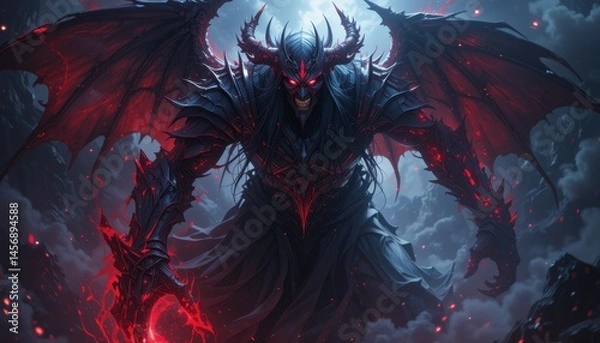 Fototapeta Dark, imposing figure with large wings and glowing armor.