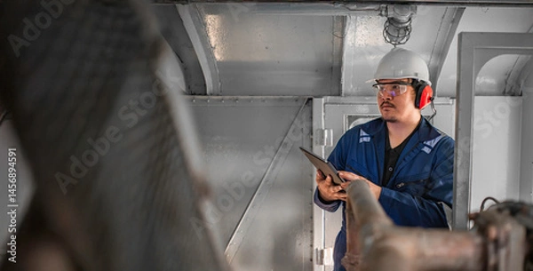 Fototapeta Engine engineer inspecting large machines in factory,Railway engine maintenance technician,engine repair mechanical manager