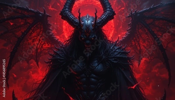 Fototapeta Dark, demonic figure with elaborate horns and wings.