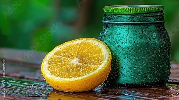 Obraz Halved Lemon and Teal Mason Jar on Wooden Table