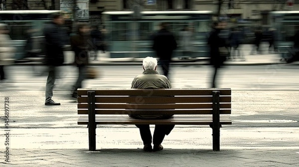 Fototapeta senior citizen sitting alone on a park bench while people pass by without engaging, representing society's emotional abandonment of the elderly. elderly neglect, emotional abandonment, senior 